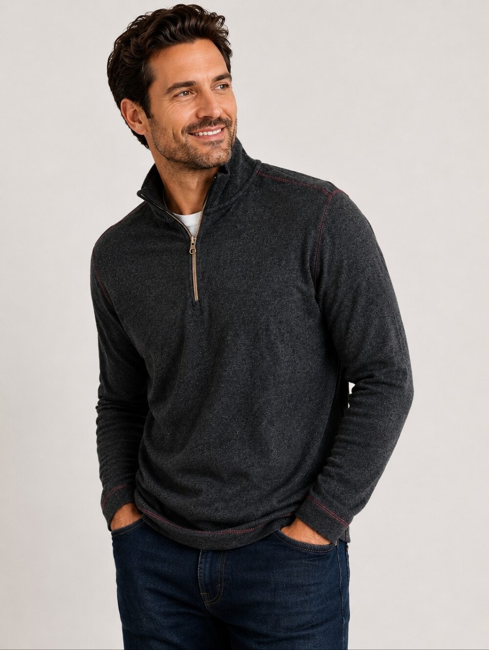 Robert Graham Quarter Zip Pullover Men Gray Cotton Modal Mock Neck Sweater